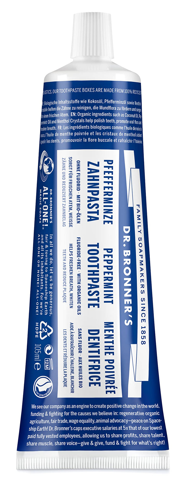 Dr Bronner's All One Peppermint Toothpaste, Made with Organic, Fluoride-Free Ingredients with No Artifical Colours, Flavours, Preservatives or Sweeteners, Vegan Friendly, 105ml Tube (Pack of 2) 105 ml (Pack of 2)