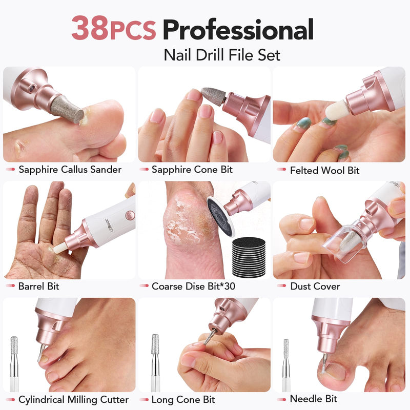 Litbear Electric Nail Drill File Set, 15 Speed Professional Nail Grinder for Thick Toenails, Cordless Pedicure Manicure Tool Callus Remover for Women Men Senior Hand Feet Care, Home Salon Use (White) White