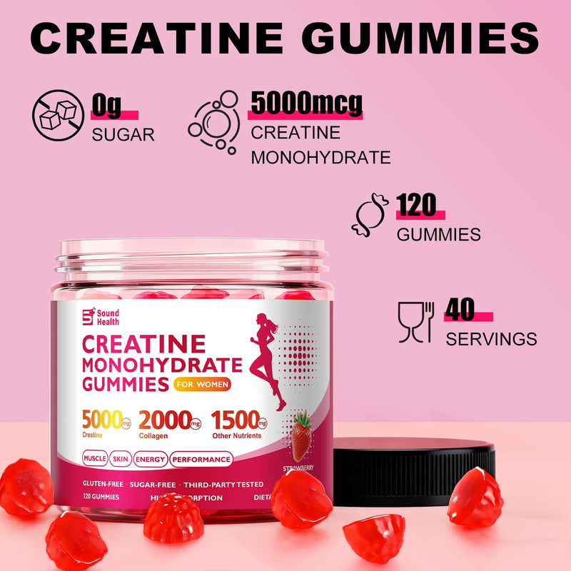 12 in 1 Creatine Gummies, 8500mg Strawberry Flavor Organic Creatine Monohydrate Gummies for Women & Men Sugar Free Nutritional Supplements with Collagen, BCAAs, Vitamin C & B12, 120 Count | 12 in 1 Complex 8500mg, Strawberry Flavor Sugar Free with Coll...
