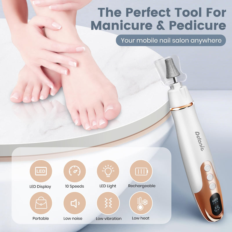 Delanie Electric Nail File for Thick Toe Nails, Cordless Nail Drill Efile, Portable Manicure Pedicure Kit for Nails Acrylic, 10 Speeds Pedicure Tools for Feet Callus Remover - BeesActive Australia