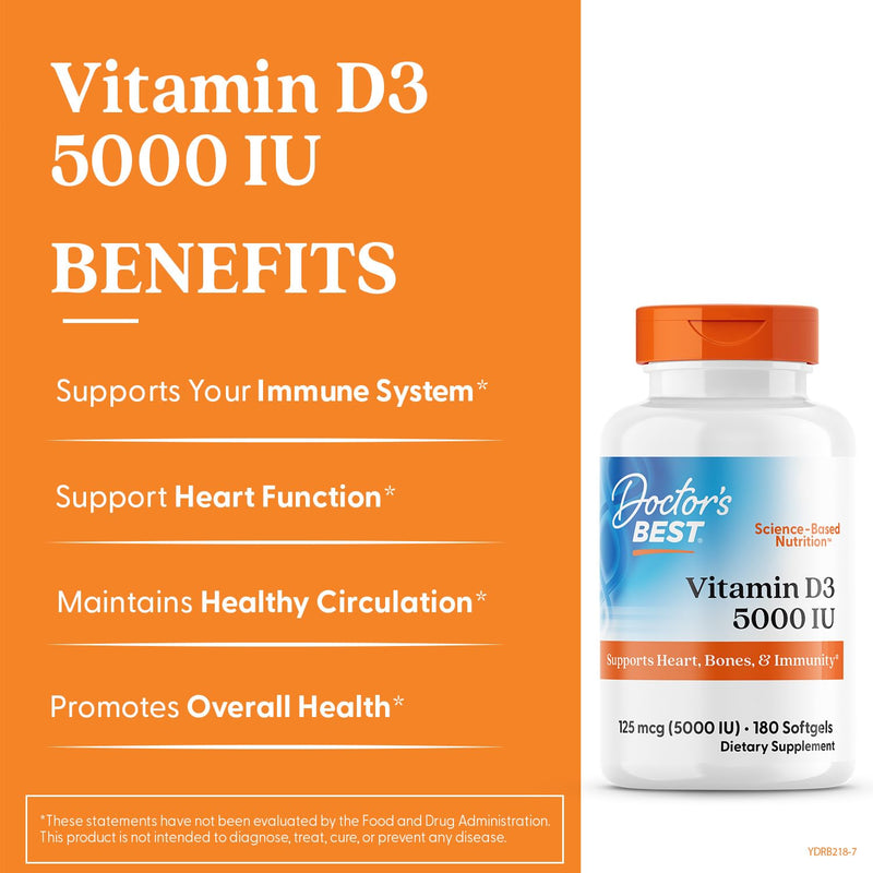 Doctor's Best Vitamin D3 5000IU, Non-GMO, Gluten & Soy Free, Regulates Immune Function, Supports Healthy Bones, White, No Flavour, 180 Count Unflavored 180 Count (Pack of 1)