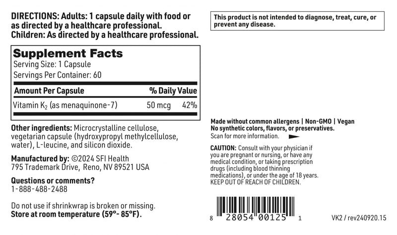 Klaire Labs SFI Health Vitamin K2, 60 Capsules | 50 Micrograms as Menaquinone-7 MK-7, No Soy, Gluten or Dairy