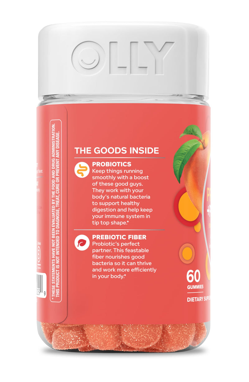 OLLY Probiotic + Prebiotic Gummy,Digestive Support and Gut Health,500 Million CFUs,Fiber,Adult Chewable Supplement for Men and Women,Peach,60 Day Supply -,60 Count (Pack of 2) 60 Count (Pack of 2) Nutritional Supplement