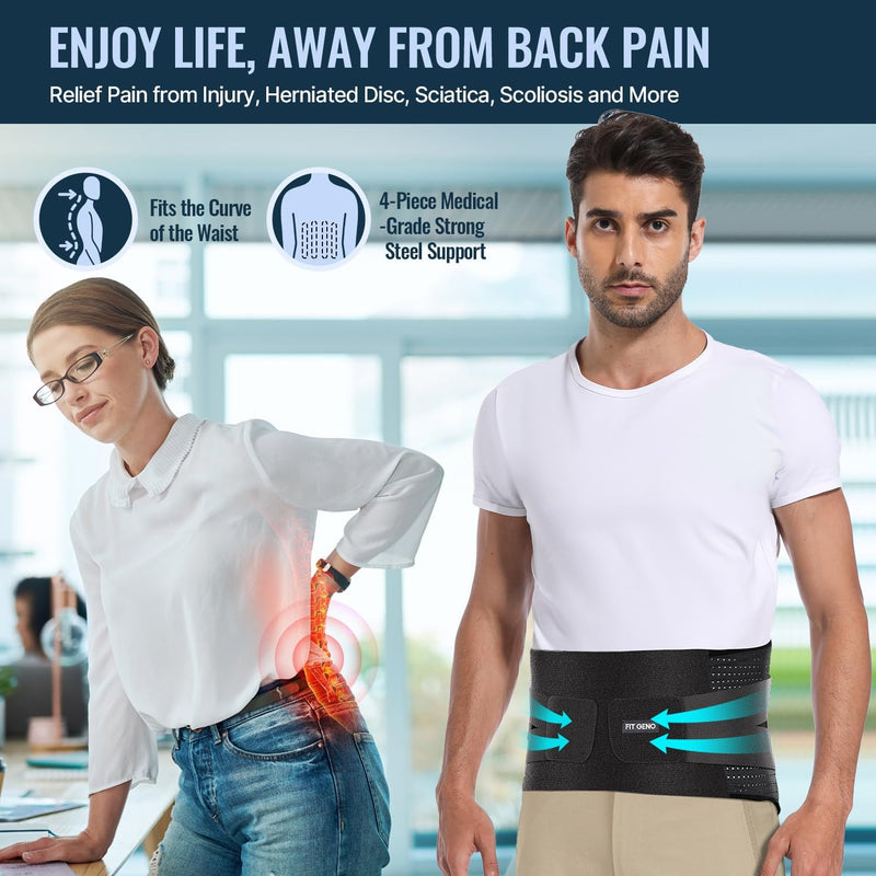 Fit Geno Back Brace for Lower Back Pain Relief - Lumbar Support for Men & Women, Supportive Breathable and Adjustable Weight Lifting Belt for Herniated Discs, Heavy Lifting - L/XL - BeesActive Australia