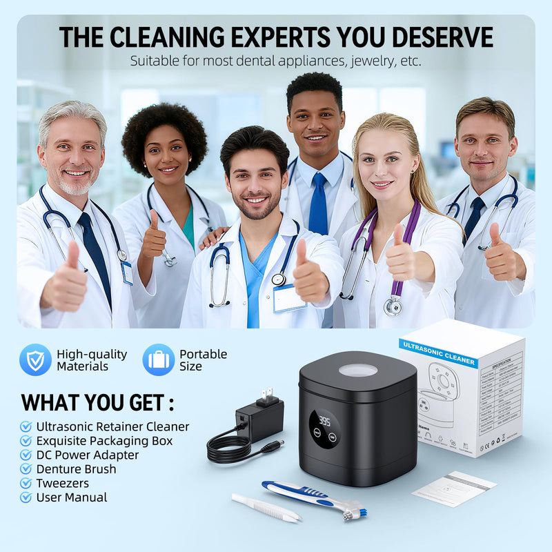 TEBAL Ultrasonic Retainer Cleaner Machine, 52kHz Ultrasonic Denture Cleaner for Mouth Guards, Braces, Toothbrush Heads, Jewelry, Dental Ultrasonic Cleaner with 250ML Capacity & Cleaning Brush, Black