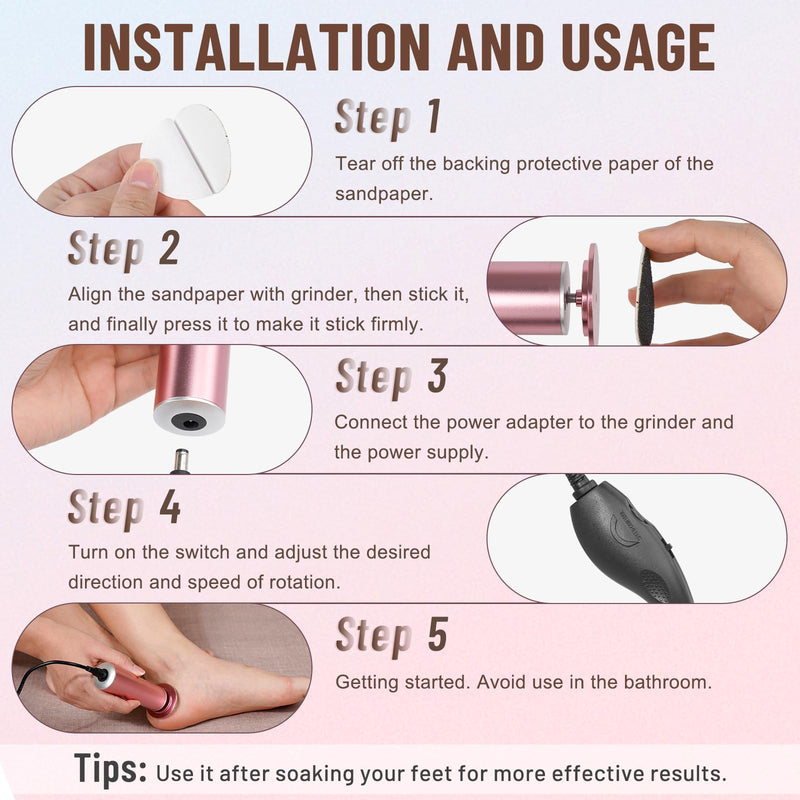 Dermawave Electric Foot File Callus Remover for Feet, Professional Electric Foot Sander Filer Grinder with 60 Sandpaper Discs for Men & Women, Pedicure Tool for Corn Dead Skin Cracked Heel Pink - BeesActive Australia