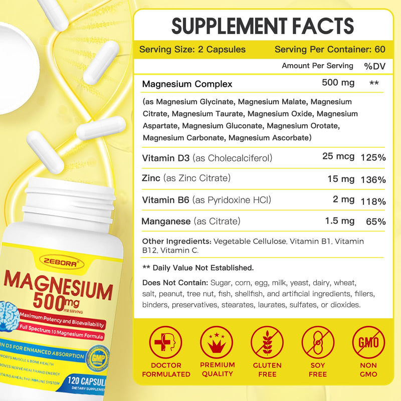 ZEBORA 10-in-1 Magnesium Glycinate Complex 500mg, 120 Capsules | Chelated High Absorption with Citrate, Malate, Vitamin D3, and Zinc for Nerve, Muscle, and Bone Health Support 120 Count (Pack of 1)