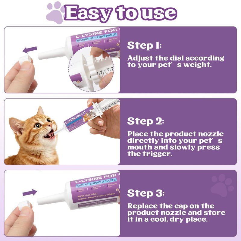 L-Lysine for Cats - Lysine for Cats Supports Immune System, Respiratory & Eye Health - Cat Supplement with Taurine, Omega-3, Vitamins & Herbal Blend - Chicken Flavor Gel, Easy to Feed, 60 ML (2 packs) 2PCS