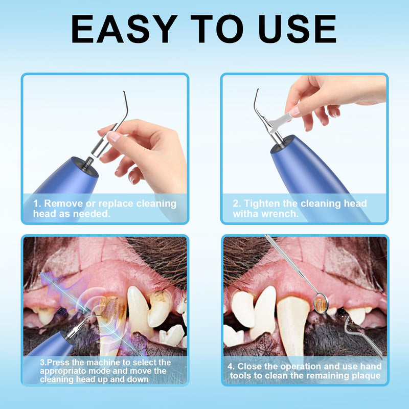 Ultrasonic Dog Teeth Cleaner, 3 Modes Sonic Tooth Cleaner for Dogs, Low Noise Sonic Dog Plaque and Tartar Remover with LED Light, 2 Cleaning Head, Toothbrush, Dental Mirror Probe Tweezer and Scraper Blue
