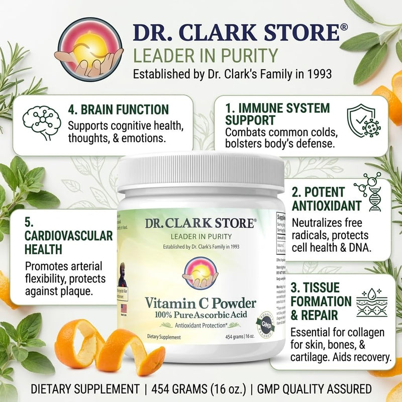 Dr Clark Vitamin C Powder Ascorbic Acid - Immune Support Supplement, Gluten Free, Potent antioxidant, Supports Brain Function, Promotes Tissue Formation and Repair, 454gm | 16oz