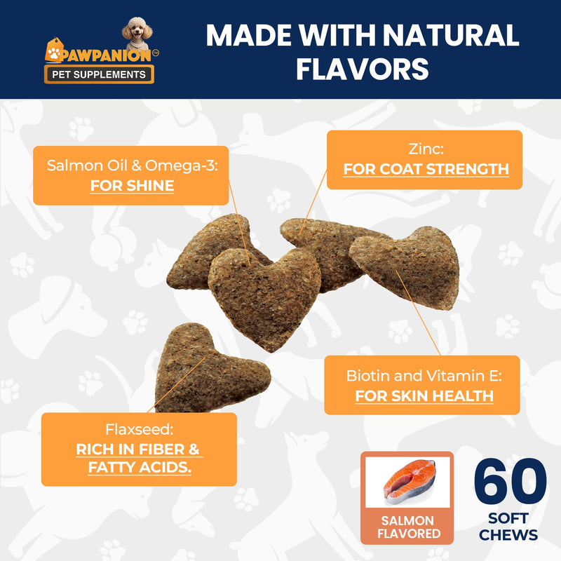 Skin & Coat Soft Chews for Dogs, Omega Fish Oil + Biotin + Vitamin E, Healthy Skin & Shiny Coat Support, Anti Shedding Formula, 60 Soft Chews Salmon Flavor Skin & Coat