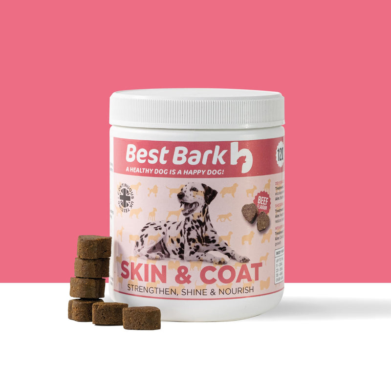 Omega 3 Skin & Coat Dog Supplements – 120 Soft Chews with EPA & DHA, Collagen, Biotin & Zinc – Helps Itchy Skin, Shedding & Dry Coat – Natural Beef Flavour