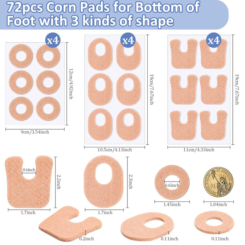 Shynek 72 Pcs Callus Pads, 3 Model Felt Callus Cushions for Bottom of Foot Self Adhesive Foot Corn Pads for Men and Women Reduce Foot and Toes Pain Relief, U Shaped, Oval Shape & Round Shape, Beige 72-beige - BeesActive Australia