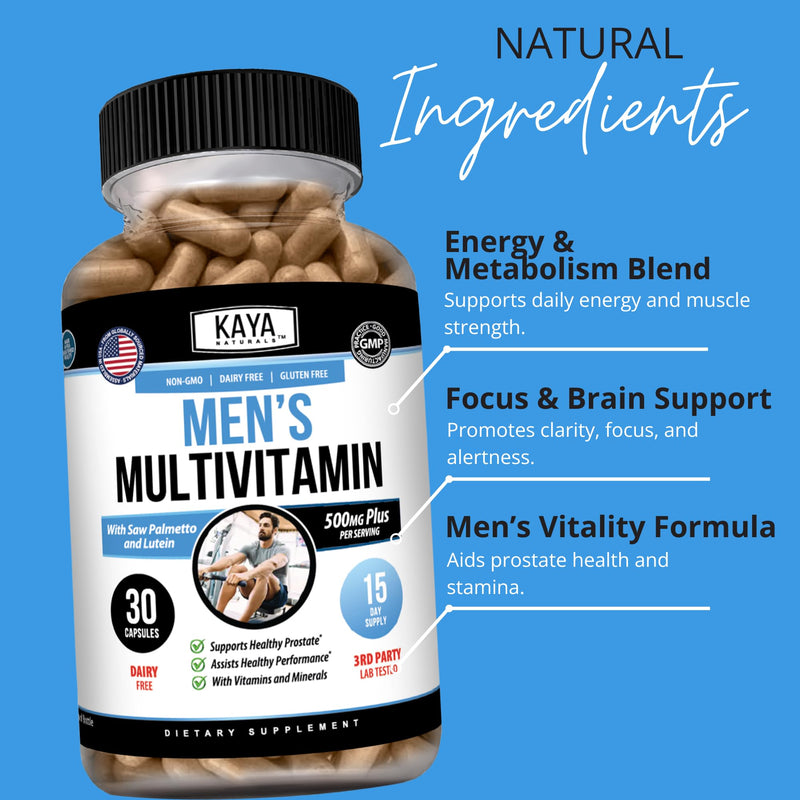 Kaya Naturals Men’s Multivitamin with Saw Palmetto & Lutein, 30 Capsules | 20 Vitamins & Minerals - Saw Palmetto; Lutein, Lycopene; Botanical, Immune & Antioxidant Blends - Vegetable Capsules 30 Count (Pack of 1)