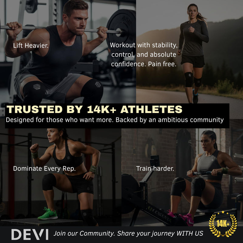 Knee Sleeves 7mm for Weightlifting, Squats, Fitness, Powerlifting, with Advanced 2025 Anti-Slip Design, Premium Neoprene, Constant Compression Brace, Gym Training Support - 1 PAIR - Men Women – DEVI Black Large