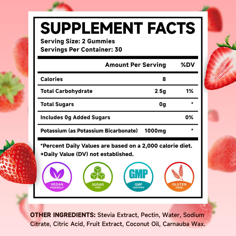 Potassium Gummies 1000mg, Potassium Bicarbonate Supplement for Adults & Kids, Potassium Supplement for Electrolyte Balance & Muscle Heath, Sugar-Free, Strawberry Flavor, 60 Count 60 Count (Pack of 1) - BeesActive Australia