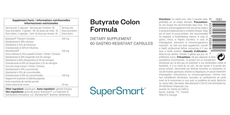 Supersmart Butyrate Colon Formula (Advanced Formula) - with Turmeric, MicrobiomeX & Peppermint Oil | Vegan & Gluten Free - 60 Gastro-Resistant Capsules