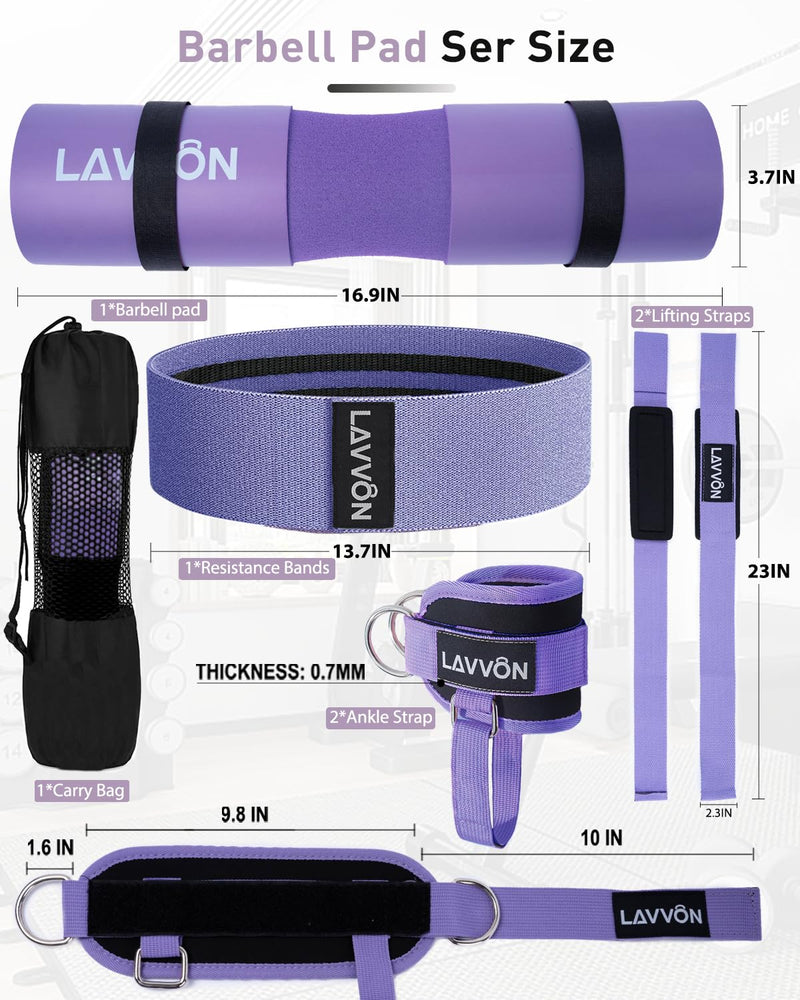 7Pcs-Barbell Pad Set for Hip Thrust - Squat Pad, Bench Press Workout Foam Weight Lifting Bar Cushion,Gym Accessories for Women with Bar Bad,with Gym Ankle Straps,Hip Resistance Bands,Lifting Strap Purple - BeesActive Australia