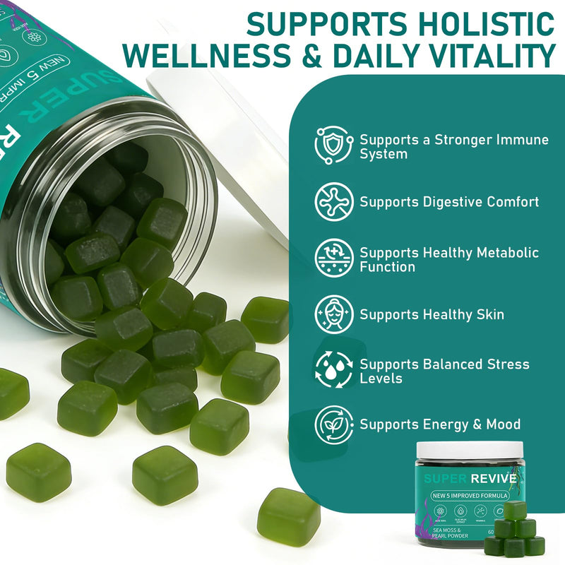 Super Revive Gummies for Hair Loss - Sea Moss Gummies with Vitamin C, E, Aloe Vera & Pearl Powder Glow, Promotes Thicker, Fuller & Stronger Hair - 60 Count