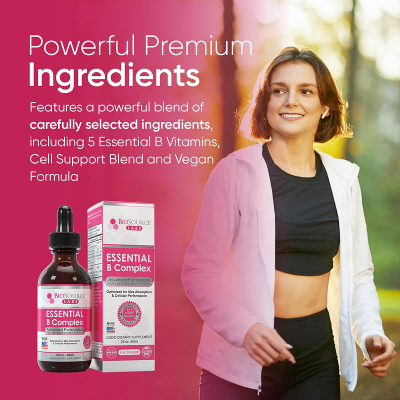 BioSource Labs Essential B Complex Liquid Drops, Methyl B12, 60-Day Supply | Vegan sublingual vitamin B-complex with methyl B12 in a 2 fl oz (60 mL) bottle, designed as a 60-day supply