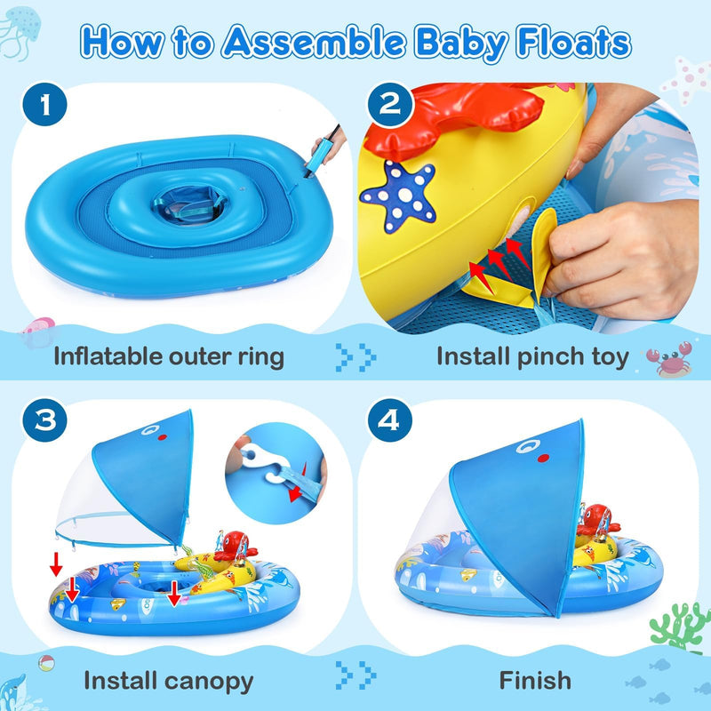 EZIGO Baby Pool Float with Canopy UPF50+ Sun Protection, Inflatable Kids Pool Floats with Ocean Animal Toys for Baby 6-36 Months, Infant Swimming Float with Adjustable Safety Seat for Boys Girls blue - BeesActive Australia