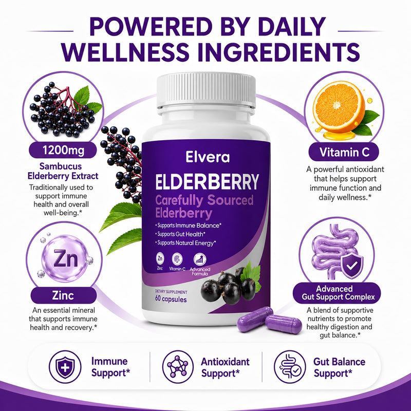 Elvera Elderberry Gut Support, 1200mg Sambucus Elderberry Extract, Advanced Gut Support Complex with Vitamin C & Zinc, Daily Wellness Formula, 60 Capsules