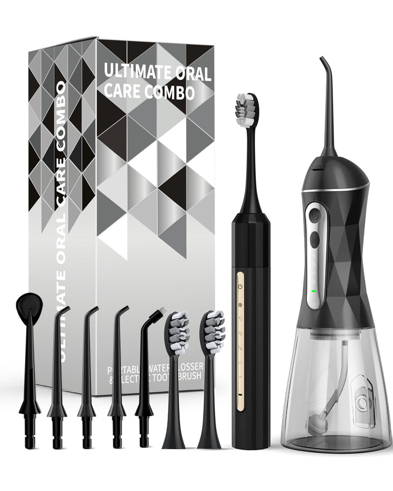 Water Flosser and Electric Toothbrush Combo,2-1 Oral Clean Kit, 5-Speed Sonic Electric Toothbrush & 4-Speed Portable Water Flosser to Clean Teeth and Protect Gum Health, IPX7 (Black-Set) Black-set - BeesActive Australia
