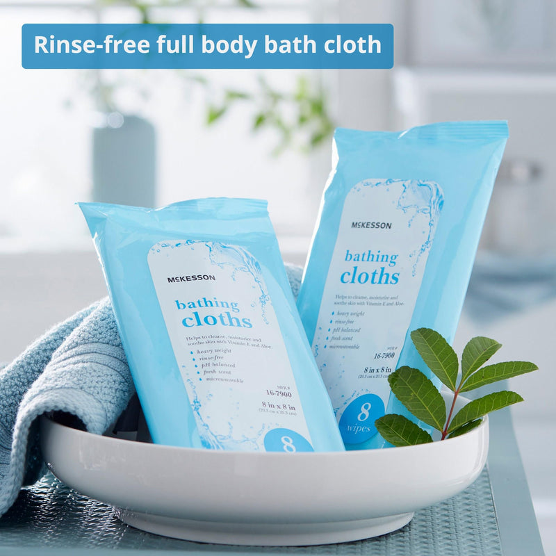 McKesson Bathing Cloth with Aloe & Vitamin E No Rinse Shower &, 8 Wipes | Disposable Washcloths, pH Balanced, Fresh Scent, Singe Use Shower Wipes, Purified Water