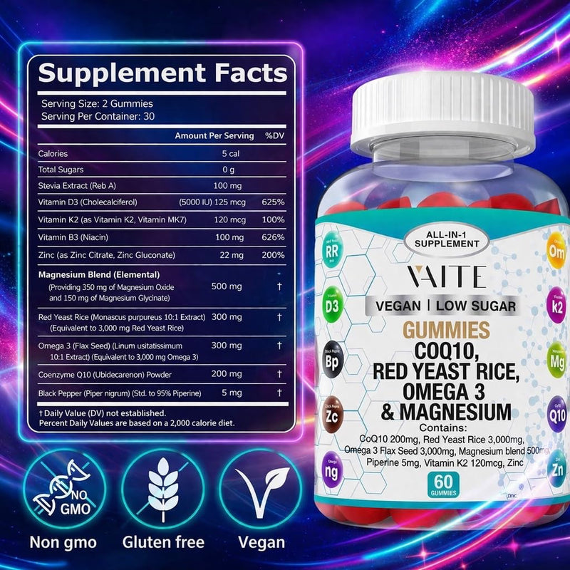 CoQ10 200mg Gummies with Red Yeast Rice & Magnesium Glycinate – Omega-3, Zinc, and Vitamin K2+D3 for Overall Health – Supplements for Adults – 60 Chewable Gummies