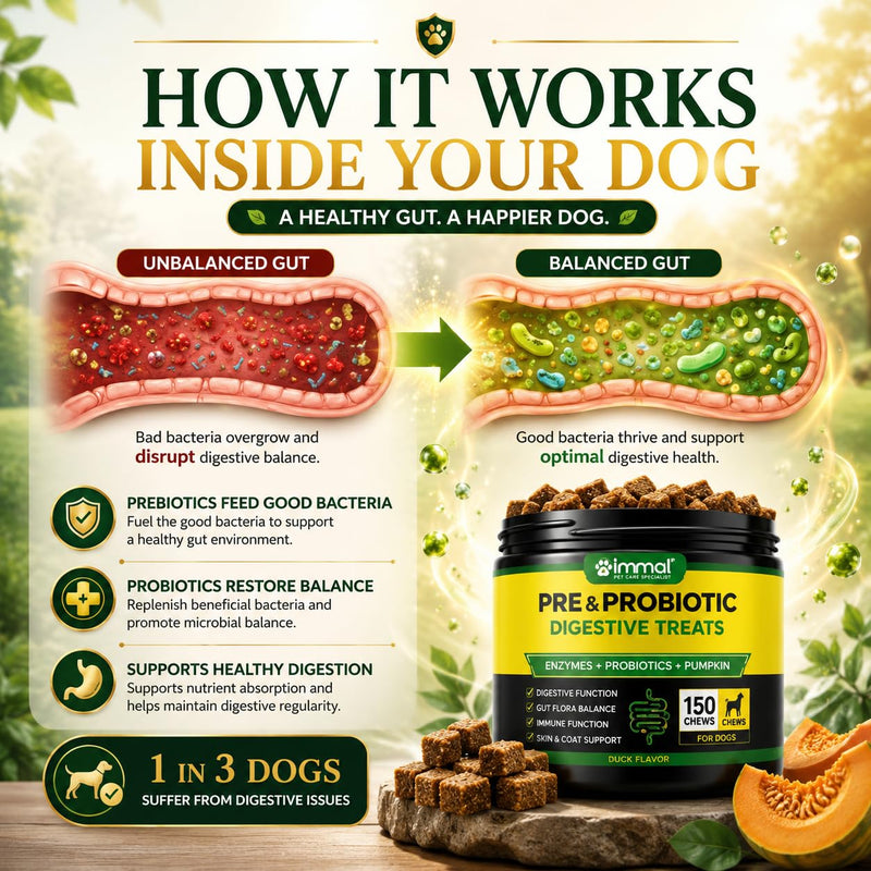 Probiotics for Dogs, 150 Chews, Digestive Support, Gut Health, Diarrhea & Itchy Skin Relief, Pre & Probiotic Digestive Treats for Dogs, Enzymes, Allergy Support, All Breeds Duck Flavour