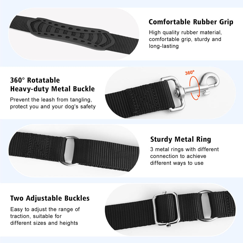 Hands Free Dog Leash, 8.5ft Adjustable Hands Free Leash for Medium Dogs, Versatile Handheld Crossbody Waist Lead with 3 Rings, Easy Adjust for Running Jogging Walking, Sponge Handle, Black