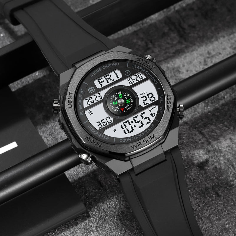 TOOCAT Multifunctional Outdoor Wristwatch (Unisex), 50m Water-Resistant Digital Watch with Step and Calorie Tracking, No Phone Connection Required, No Charging Needed (Black/White) - BeesActive Australia