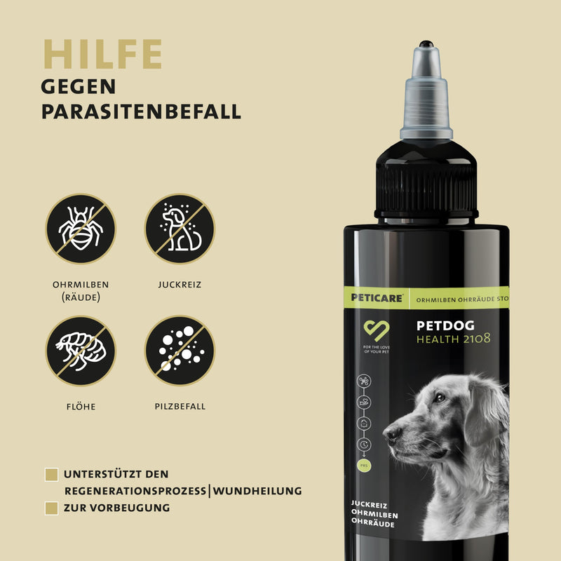 Peticare anti-parasite agent for dog ears | Against ear mites mange fungi | relieves itching & promotes regeneration process | unique PRS® system for long effects - petDog Health 2108 50 ml - BeesActive Australia