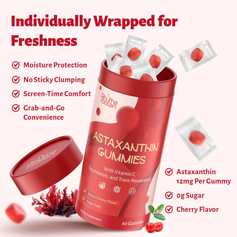 Astaxanthin Gummies – Astaxanthin Supplements with 12mg Per Gummy 24mg Max, Sugar Free Vegan Antioxidant with Vitamin C, Resveratrol & Tocotrienols – Supports Skin, Eye & Immune Health – 120 Count Pack of 2(120 Count)