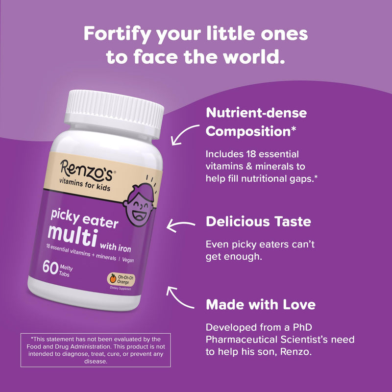 Renzo's Picky Eater Kids Multivitamin with Iron - Dissolvable Kids Vitamins with Iron, Zinc, Vitamin C, Vitamin D, E & K, Sugar-Free Melty Tabs, Orange Flavor, 60-Count (1-2 Month Supply) Oh Oh Oh Orange