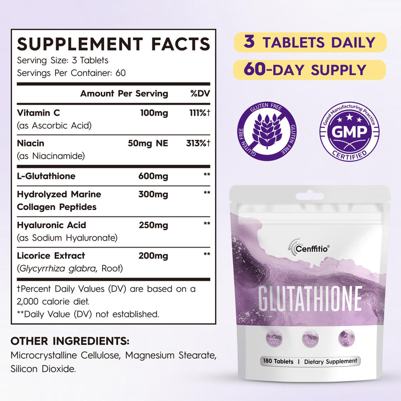 Glutathione Supplement | Advanced Antioxidant Formula | Vitamin C, Niacinamide, Licorice Extract, Collagen & Hyaluronic Acid | 360 Tablets 180 Count (Pack of 2)