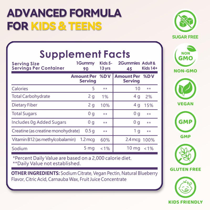 Creatine Gummies for Kids and Teens with Vitamin B12 | Sugar Free Creatine Monohydrate Gummy Support Children Growth Blueberry Flavor 90 Gummies