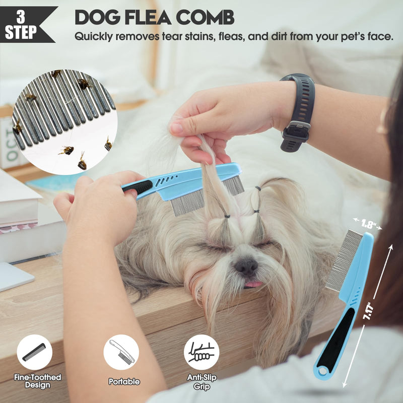 Dog slicker Brush for Dogs Grooming Kit 4PCS | Large Dog Brush for Goldendoodles Poodles Doodles | Long Pin Haired Brush | Dog Bath Brushes Flea Comb(Blue) Blue - BeesActive Australia