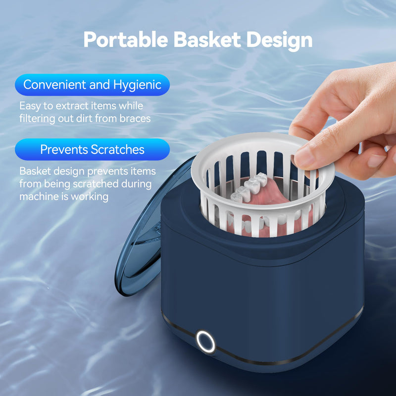 Miorcols Retainer Cleaner, 48kHz Ultrasonic Retainer Cleaner Machine for Denture, Mouthguard, Braces, Night Guard, Aligner, Toothbrush, Jewelry with 7.8OZ Dental Cleaning Pod-Blue