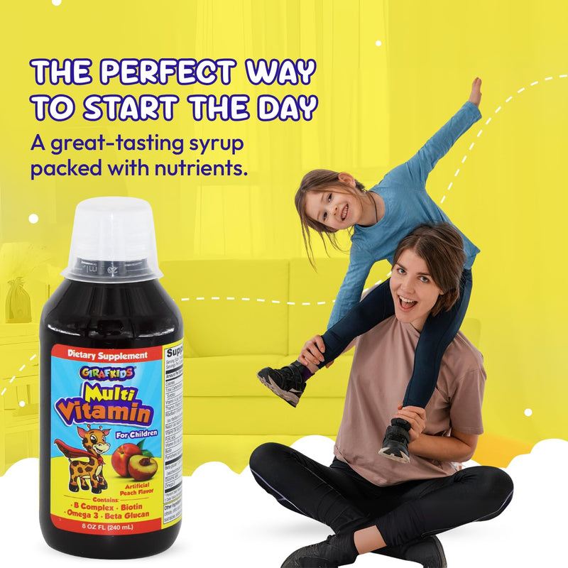GirafKids Liquid Multivitamin for Kids with B Complex, 8 Fl Oz, Ages 4+ | Daily Child Vitamins Biotin, Vitamin A, Folic Acid, Omega-3 & Beta Glucan - Dietary Supplement for Kids Growth and Energy Peach