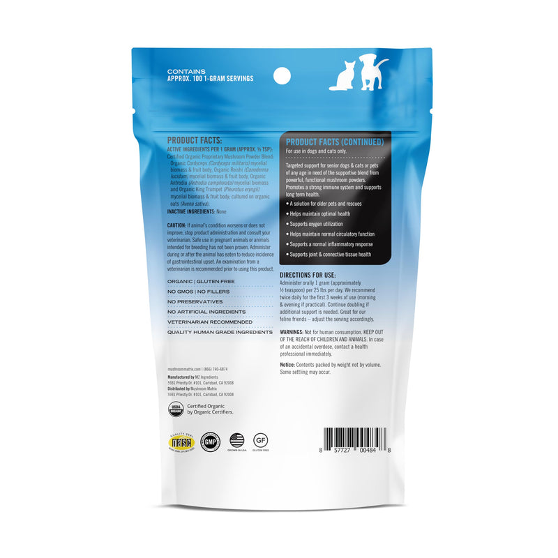 Om Mushroom Matrix Pet - Canine | Maximum Recovery | USA Grown Human-Grade Organic Mushroom Powder Pet Supplement | Optimal Health & Senior Care for Dogs & Cats | 100 Grams, 3.5 oz