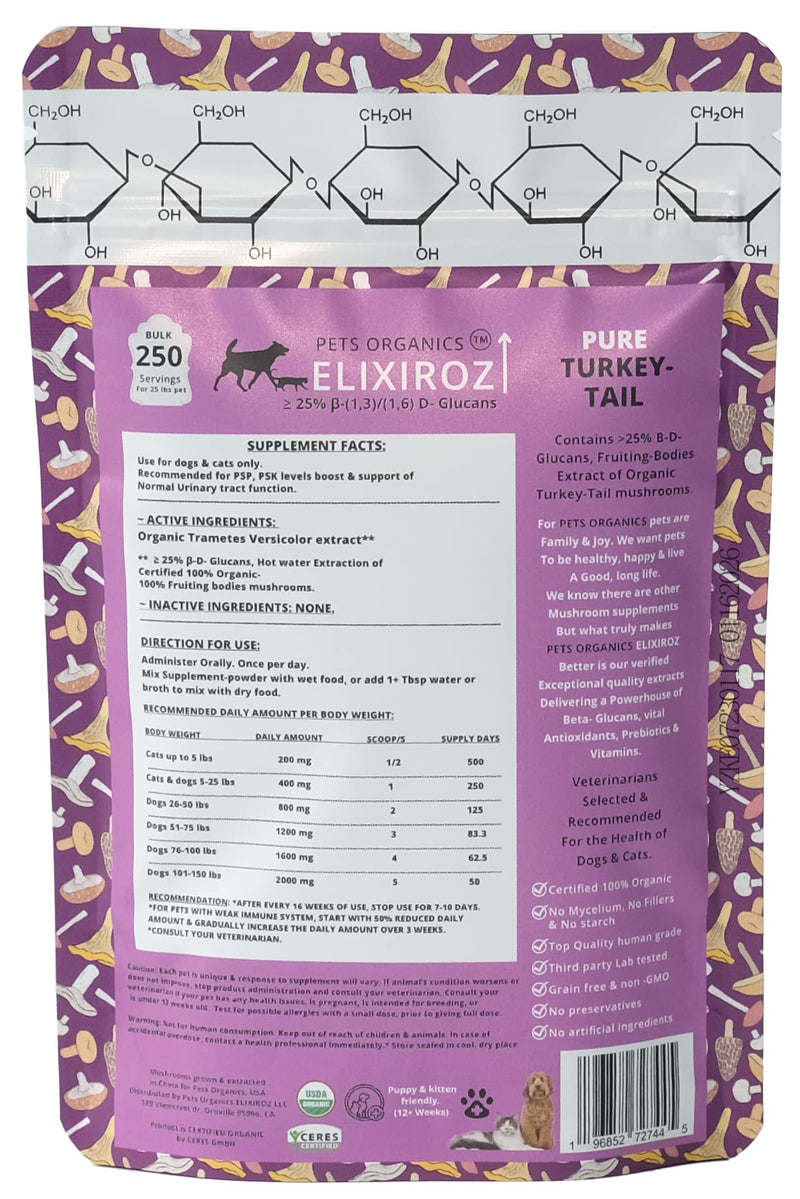 Turkey Tail Mushroom Extract for Dogs & Cats – 25%+ Beta Glucans – Concentrated Fruiting Body Extract (8:1–12:1) – Immune & Gut Support – No Fillers – 250 Servings