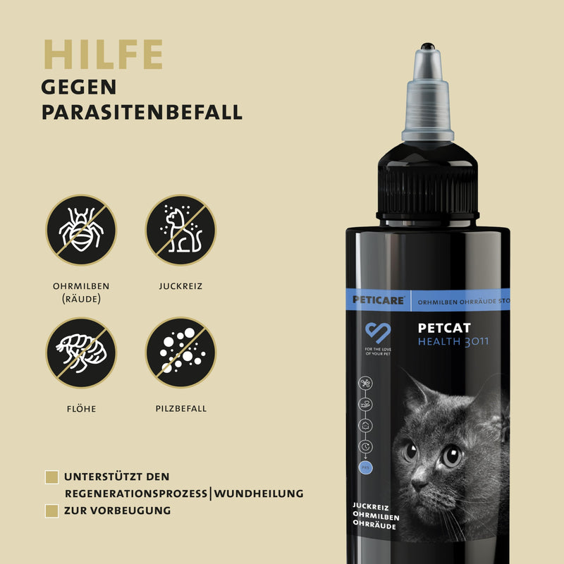 Peticare anti-parasite agent for cat ears | Against ear mites mange fungi | relieves itching & promotes regeneration process | unique PRS® system for long effects - petCat Health 3011 50 ml - BeesActive Australia
