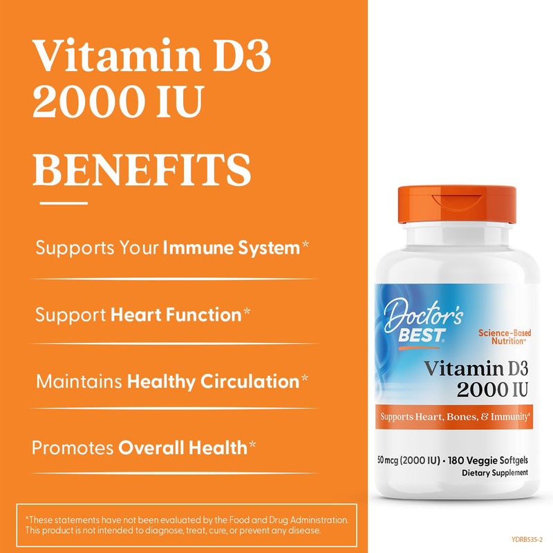Doctor's Best Vitamin D3 2000 IU Softgels for Men & Women - Vitamin D Supplement for Immune System & Heart Health Support, 50 mcg per Serving, Vit D 3, Non GMO, Gluten & Soy Free - 180 Veggie Softgels