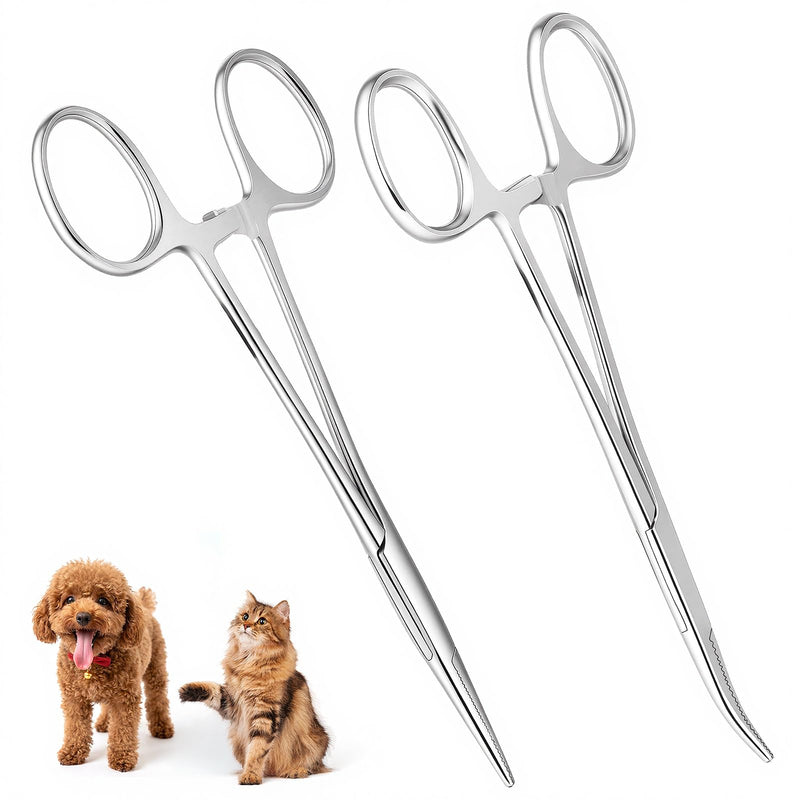 Aomig Pet Ear Clamp Hemostat Forceps 2PCS Ear Cleaning Straight & Curved Clamp Pet Groomers Scissor Stainless Steel Dog Cat Tweezers Professional Ear Hairs Tools Pet Grooming Ear Hair Puller 2pcs- Straight Forceps+curved Forceps