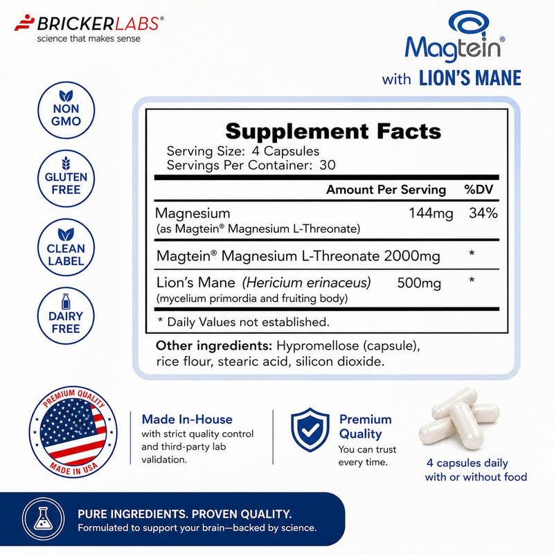 Bricker Labs Magtein & Lion's Mane Magnesium L-Threonate Supplement | Brain Health, Memory & Focus, Cognitive Support, 120 Capsules, Advanced Formula Magtein with Lion's Mane