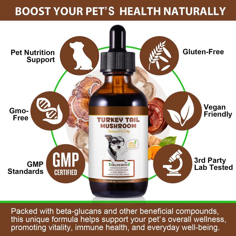 Turkey Tail Mushroom for Dogs 5X Mushroom Liquid Extract with Turmeric & Probiotics, Immune, Digestive & Joint Support, Bacon Flavored, 60ml, 100% Natural, Alcohol-Free