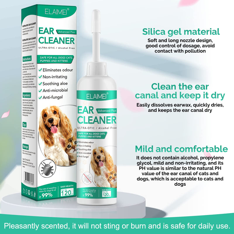 Pet Ear Cleaner for Dogs & Cats, 4 fl oz Ear Cleaning Solution with Soothing Formula - Supports Relief from Itchy Ears, Head Shaking & Wax Buildup - Safe for Puppies & Kittens - 120ml