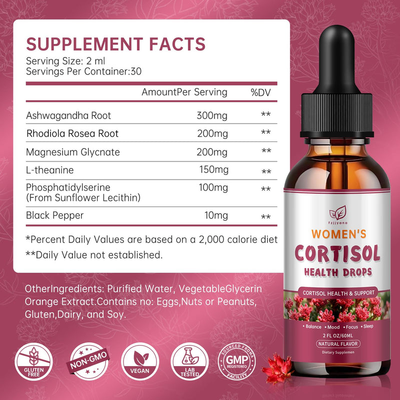 （2 Pack）Cortisol Manager Liquid Drops, Cortisol Supplements for Women, with magnesium ashwagandha, rhodiola rosea,l-theanine,Phosphatidylserine-Promote Relaxation and Support Mood- 30 Day Vegan Supply 4 Fl Oz (Pack of 2)