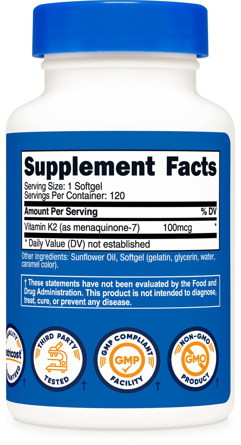 Nutricost Vitamin K2 MK-7 Supplement (100 mcg) 120 Softgels - GMO-Free 120 Count (Pack of 1)